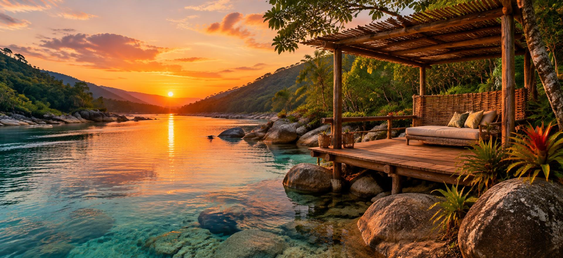Deck rústico com pergolado de madeira à beira de um rio cristalino ao pôr do sol